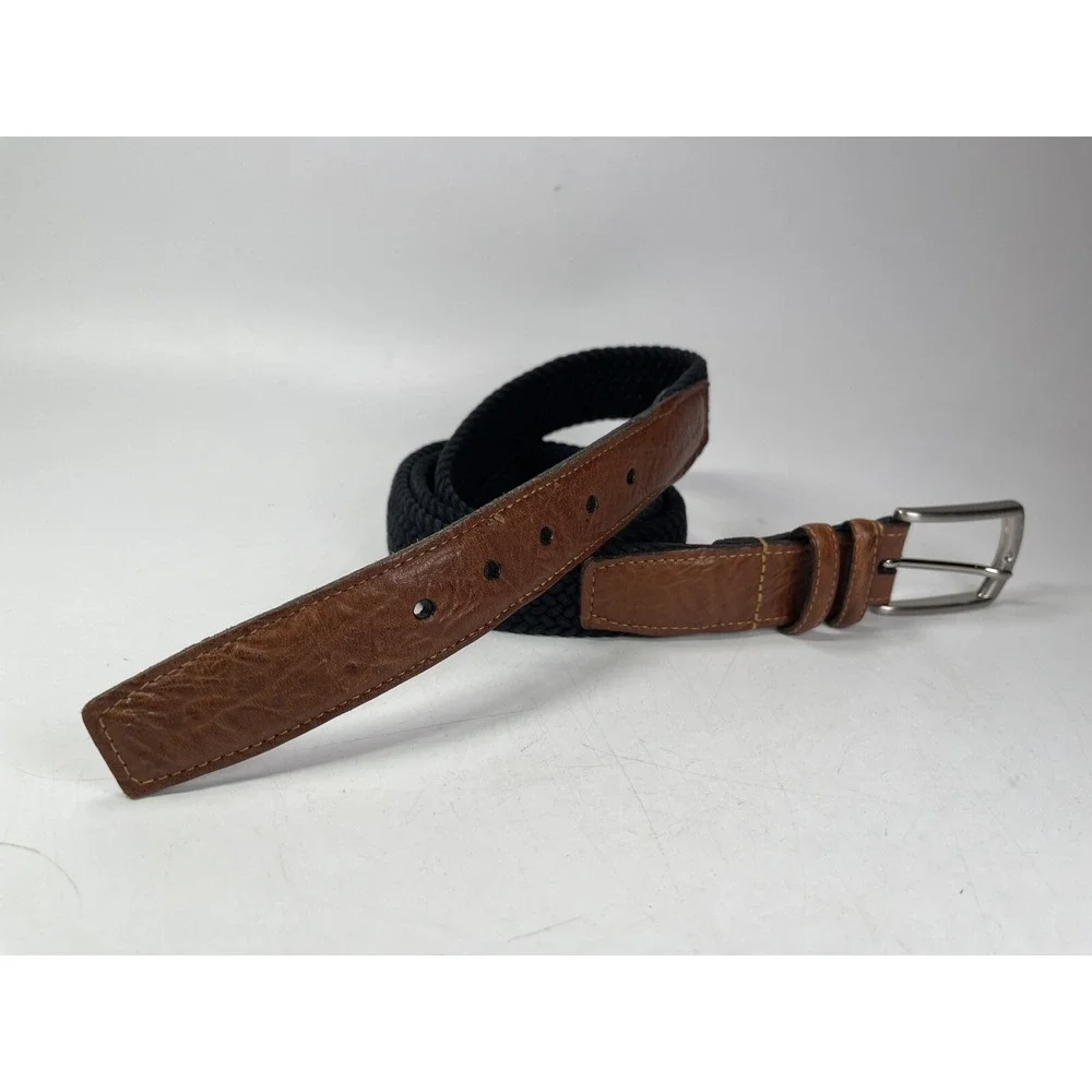 Torino Belt Men's Size 46 Black Braided Tan Leather Canvas Woven Made In USA